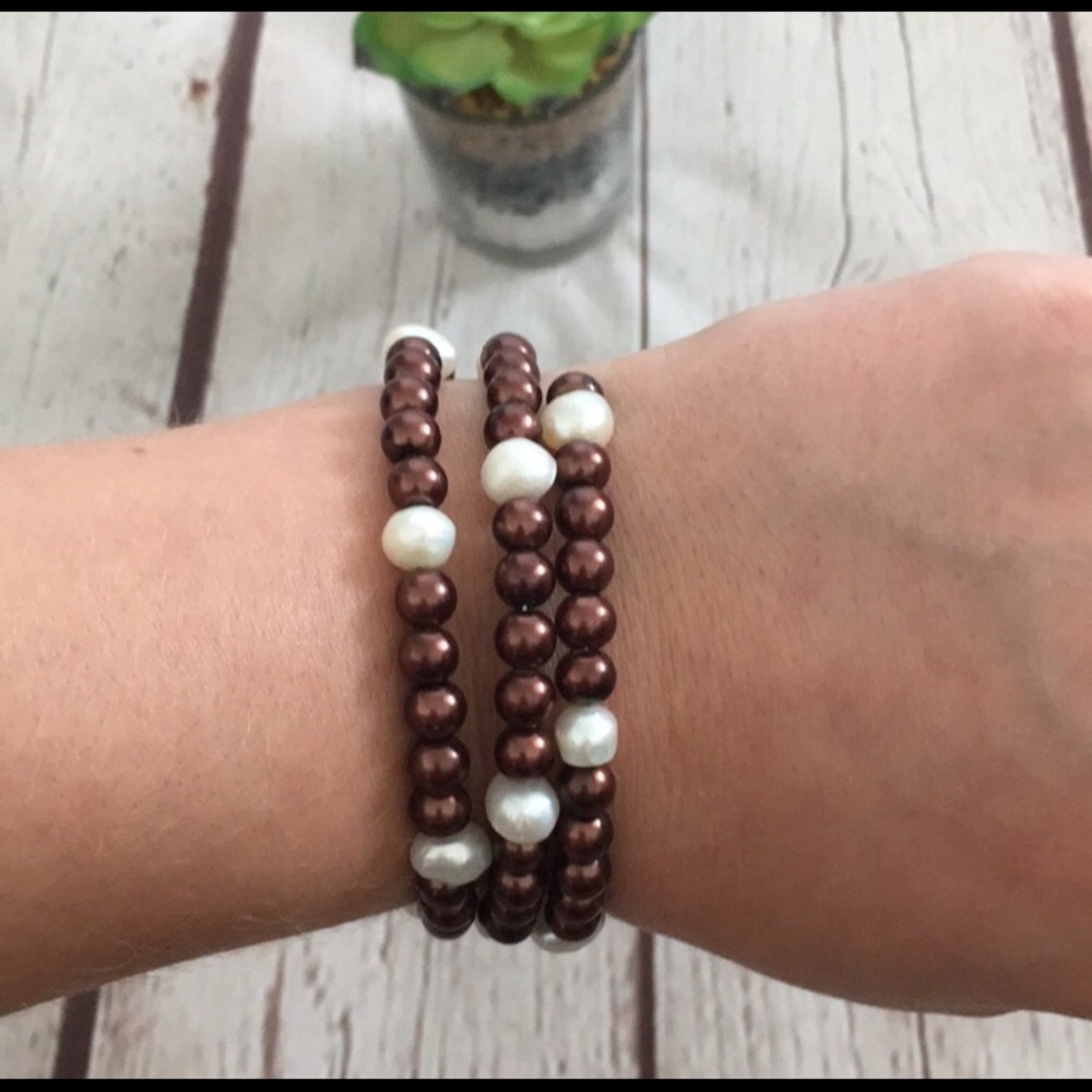 Handmade Brown and White Multi Strand Pearl Bracelet